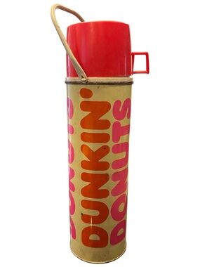 Dunkin' Donuts Vintage Metal Thermos Bottle with Red Cup Lid Retro 80’s Design